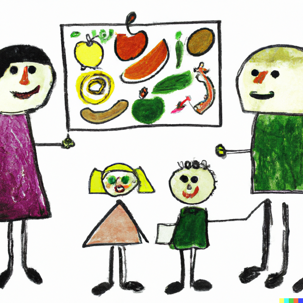 Artwork of a nutritionist or therapist guiding a family with an autistic child, showcasing various food options and dietary plans