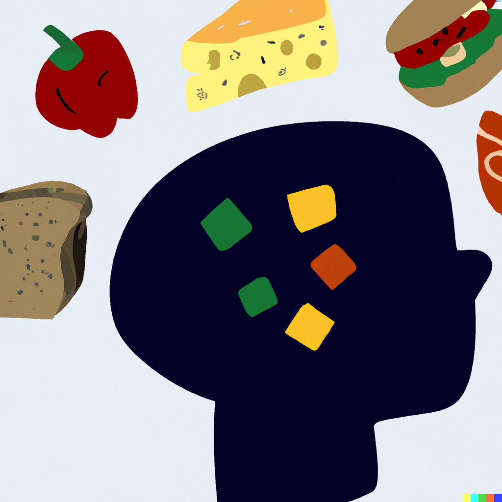 DALL·E 2023-09-11 14.51.09 - Illustration of a brain connected to various foods, symbolizing the link between nutrition and autism