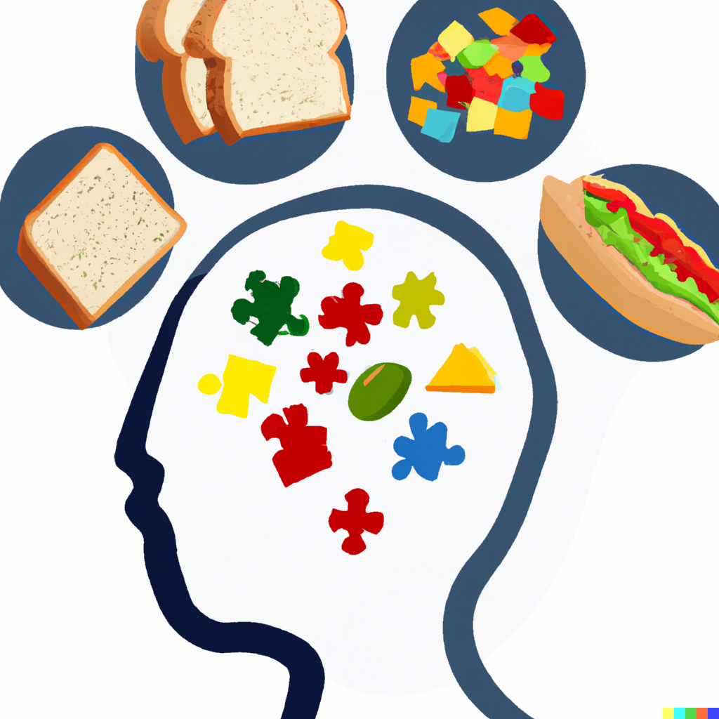 Illustration of a brain connected to various foods, symbolizing the link between nutrition and autism