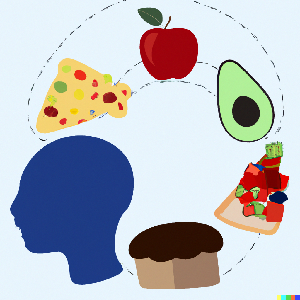 Illustration of a brain connected to various foods, symbolizing the link between nutrition and autism